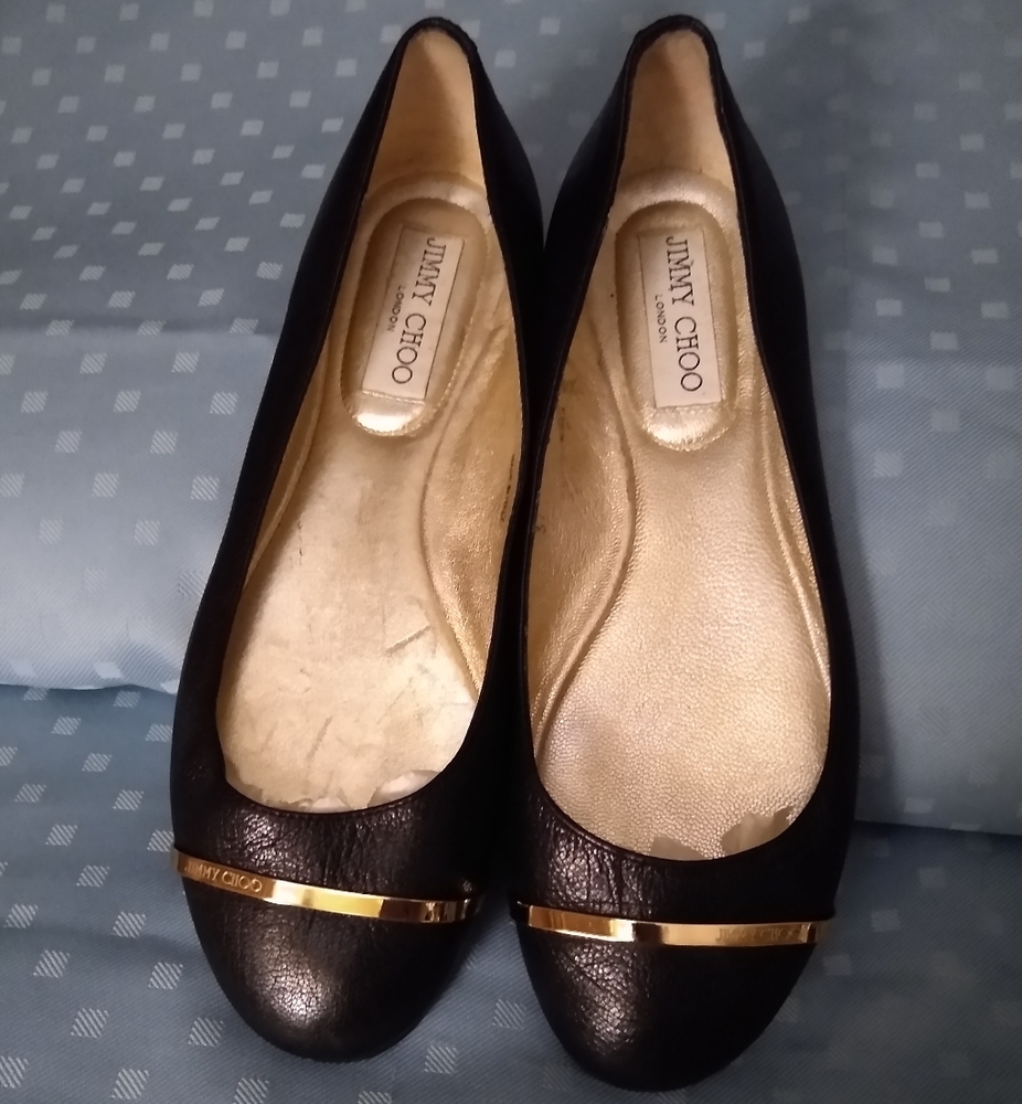 Jimmy Choo Black Leather Flats with Gold Accent